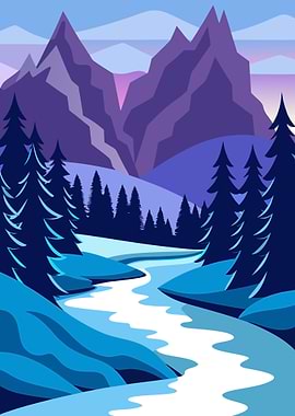 Winter Mountain Valley Landscape with Pine Trees and Frozen River Metal Wall Print Art