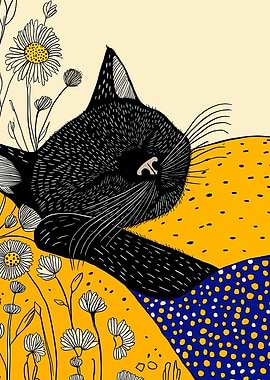 Sleeping Black Cat with Daisies