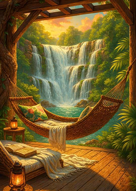 Hammock Retreat by Waterfall