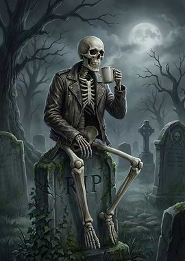 Skeleton with Coffee in Graveyard