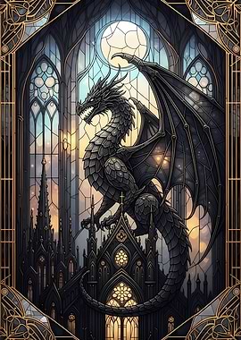 Dragon and Gothic Architecture Stained Glass
