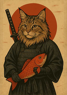 Samurai Cat with Fish
