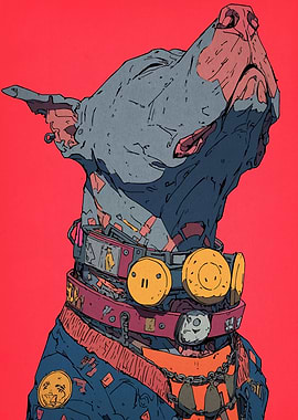 Cyberpunk Dog Portrait on Red Background