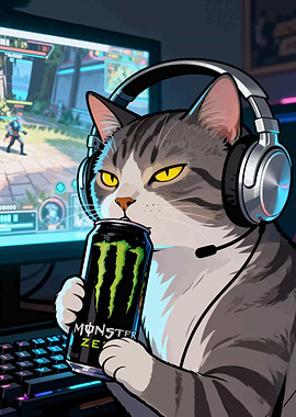 Gamer Cat with Monster Energy Drink