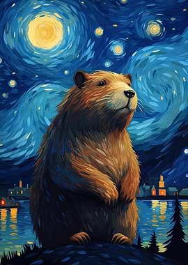 Beaver under Starry Night Sky