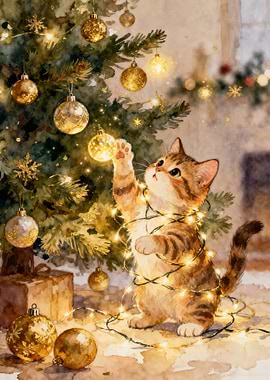 Watercolor Kitten with Christmas Tree Lights