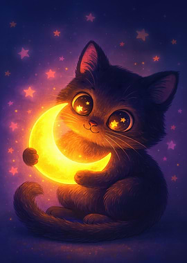 Cute Cat Holding Glowing Moon