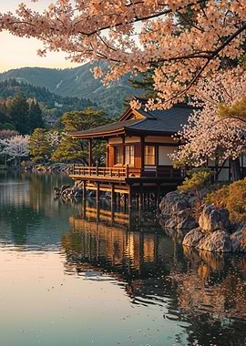 Lake House with Cherry Blossoms
