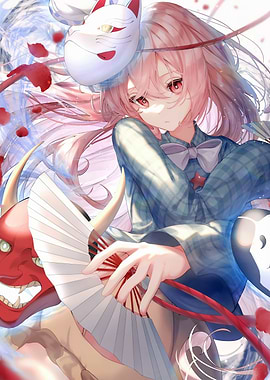 Anime Girl with Masks and Fan