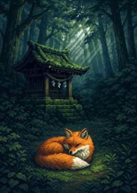 Fox Sleeping by Shrine in Forest