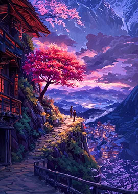 Japanese Mountain Village with Cherry Blossoms
