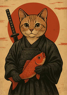 Samurai Cat with Fish