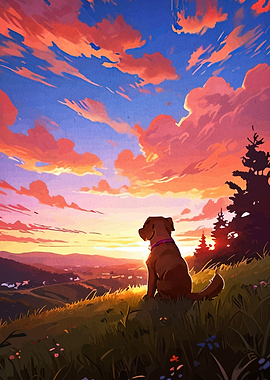 Dog Watching Sunset Landscape Painting