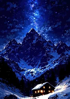 Winter Cabin Under Starry Night Sky