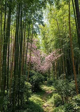 Bamboo Forest with Pink Blossoms