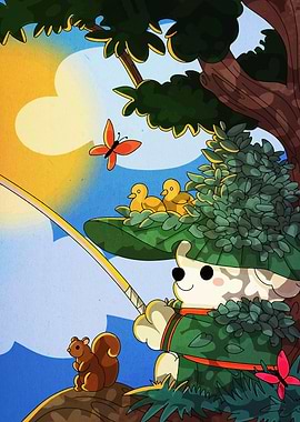 Cartoon Animal Fishing in Nature Scene