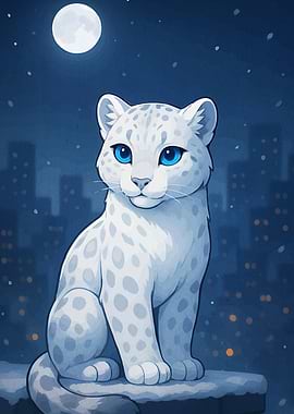 Cartoon Snow Leopard Under Moonlight
