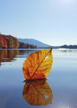 Autumn Leaf Floating on Water