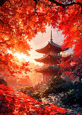 Japanese Pagoda in Autumn Landscape