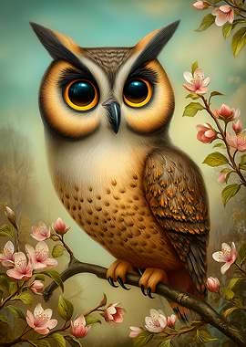 Owl perched on flowering branch