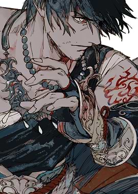 Pensive Warrior with Beads and Tattoo