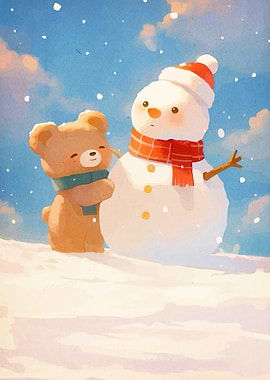 Bear and Snowman Winter Scene