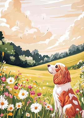 Dog in a flower field painting