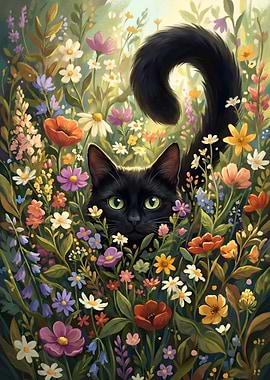 Black cat in a flower garden