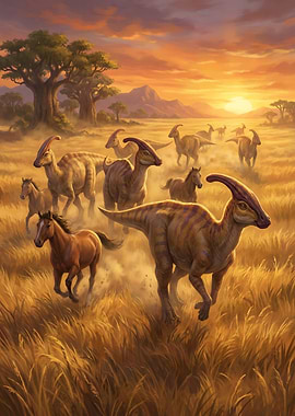 Parasaurolophus Herd with Horses at Sunset