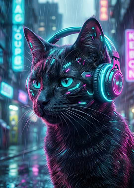 Cyberpunk Cat with Headphones in Rain
