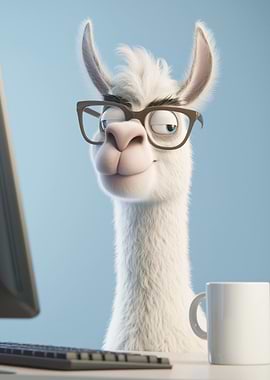 Llama with Glasses at Computer