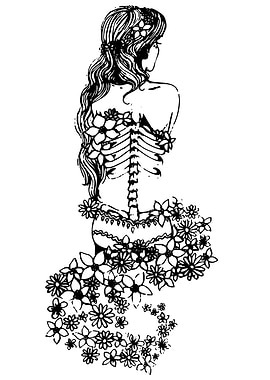 Floral Skeleton Woman Black and White