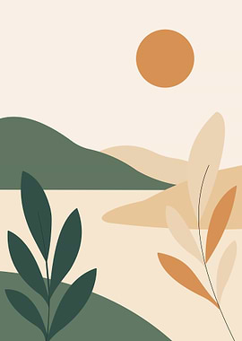 Minimalist Landscape with Plants and Sun