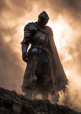 Armored Knight in a Fiery Landscape