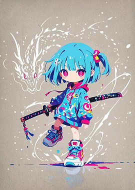 Anime Girl with Katana and Dragon