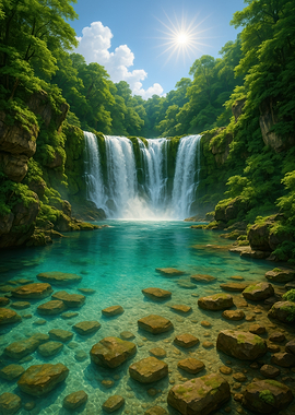 Lush Waterfall and Clear Turquoise Pool