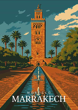 Marrakech Koutoubia Mosque Tower, Vintage Moroccan Travel Illustration