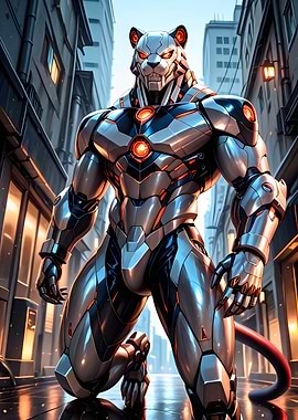 Cybernetic Tiger Warrior in Cityscape