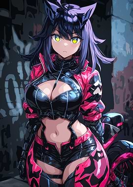 Anime Catgirl Biker with Motorcycle