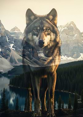 Wolf and Mountain Landscape Double Exposure