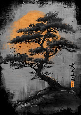 Ukiyo Minimalism Bonsai Tree with Golden Sun