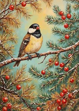 Bird on Snowy Branch with Berries