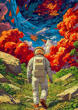 Astronaut in surreal landscape
