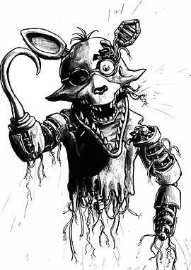 Withered Foxy Black and White Illustration