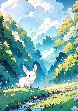 Cute White Rabbit in Forest Glade