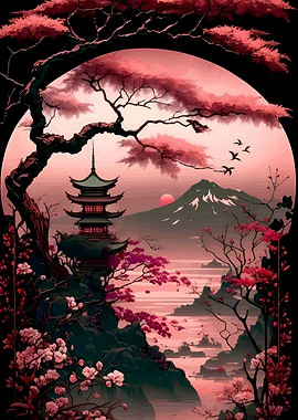 Japanese Pagoda with Cherry Blossoms
