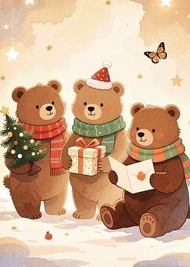 Christmas Bears with Gifts and Tree
