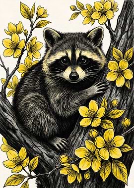 Raccoon in Tree with Yellow Flowers