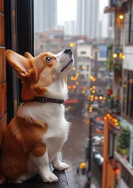Corgi dog looking at city view