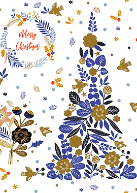 Vintage Blue Minimalist Christmas Bird Flowers Tree